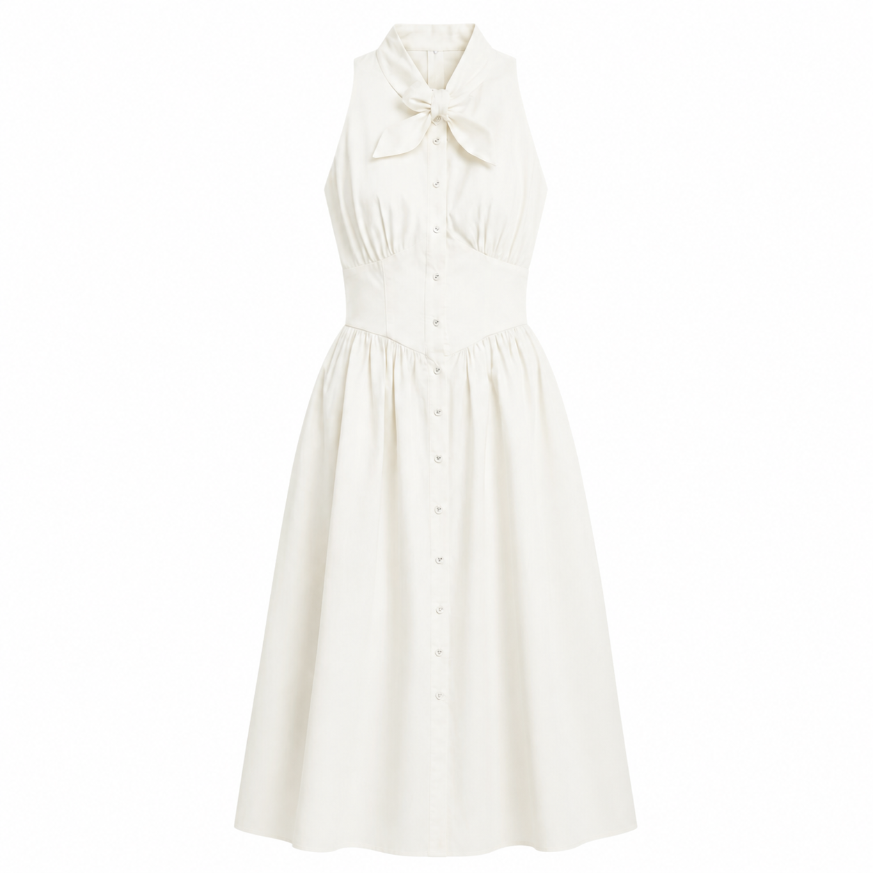 White Cotton Poplin Tie Neck Midi Dress