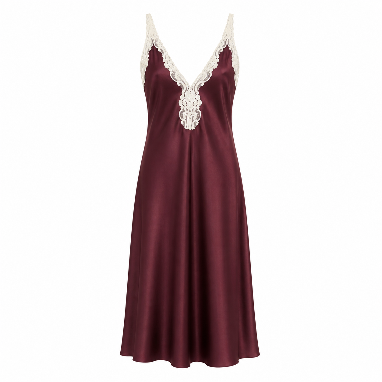 Burgundy Lace-Trim Satin Slip Dress